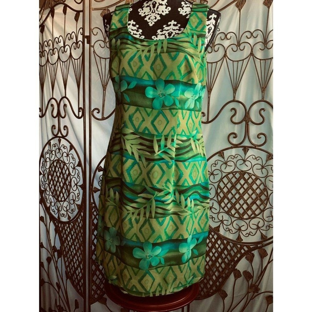 Jessica Howard Womens Floral Print Sheath Dress Sleeveless Green Size Medium